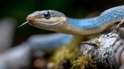 Obraz premium Close-up of a vibrant blue snake on a log