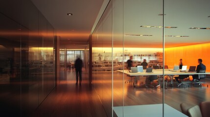 A modern office with warm lighting shows people working and walking through glass-walled spaces