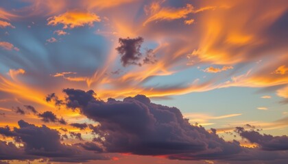 Dramatic sky at sunrise with vibrant cloud formations and golden hues