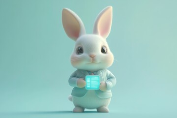 Obraz premium A cute, fluffy white rabbit in a light blue suit holds a glowing tablet.