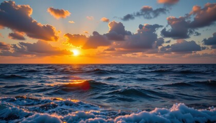 Ocean at golden hour with glowing sun and water reflection, serene seascape