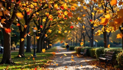 Colorful leaves falling in park, joyful autumn bliss and motion