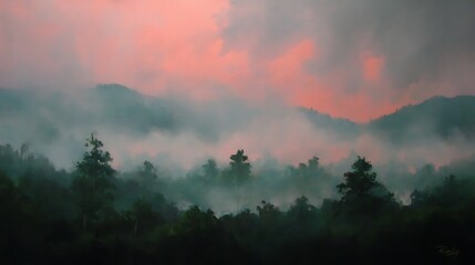 Misty mountain sunrise landscape art