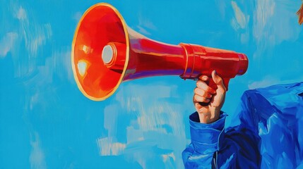 a hand in a bright blue jacket holding a vivid red megaphone, bold sky-blue background