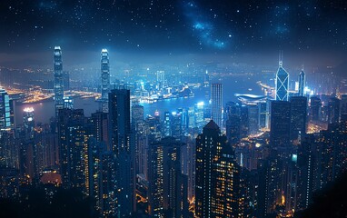 Fototapeta premium Illuminated metropolis at night with bright lights under the starry sky