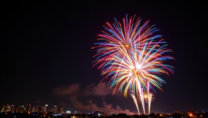 Fireworks exploding in night sky, colorful celebration captured in motion