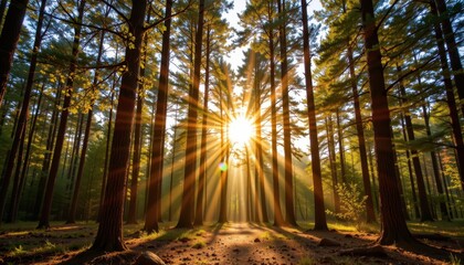 Sunlight through forest trees creating glowing natural archway