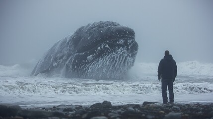 Whale Encounter: A Man Faces a Majestic Humpback Whale Amidst Stormy Seas