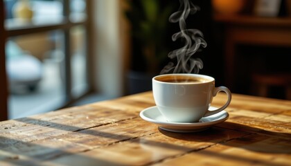 Coffee cup on wooden table, steam rising, warm and cozy drink vibe