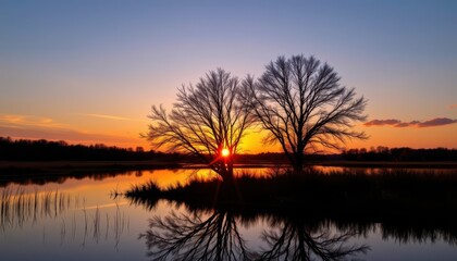 Naklejka premium Silhouette reflecting on water at sunset, peaceful tranquil nature moment