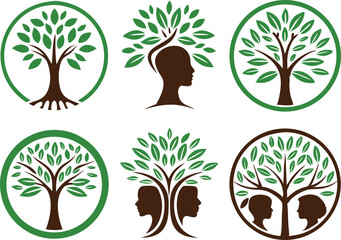 Obraz premium Set of 6 Abstract Tree and Human Symbols – Eco Friendly Vector Icons with Nature Inspired, Minimalist Design for Sustainability & Growth 