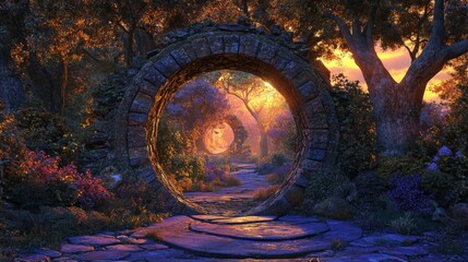 Fototapeta premium Magical Stone Archway at Sunset in an Enchanted Garden