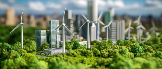 Sustainable city with wind turbines and green spaces, showcasing renewable energy and ecofriendly urban development for a cleaner environment