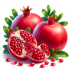 Fresh Whole and Halved Pomegranate with Leaves on White Background