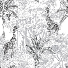 Jungle toile jungle seamless pattern. Tropical banana tree, willow, oak, giraffe animals wallpaper.	
