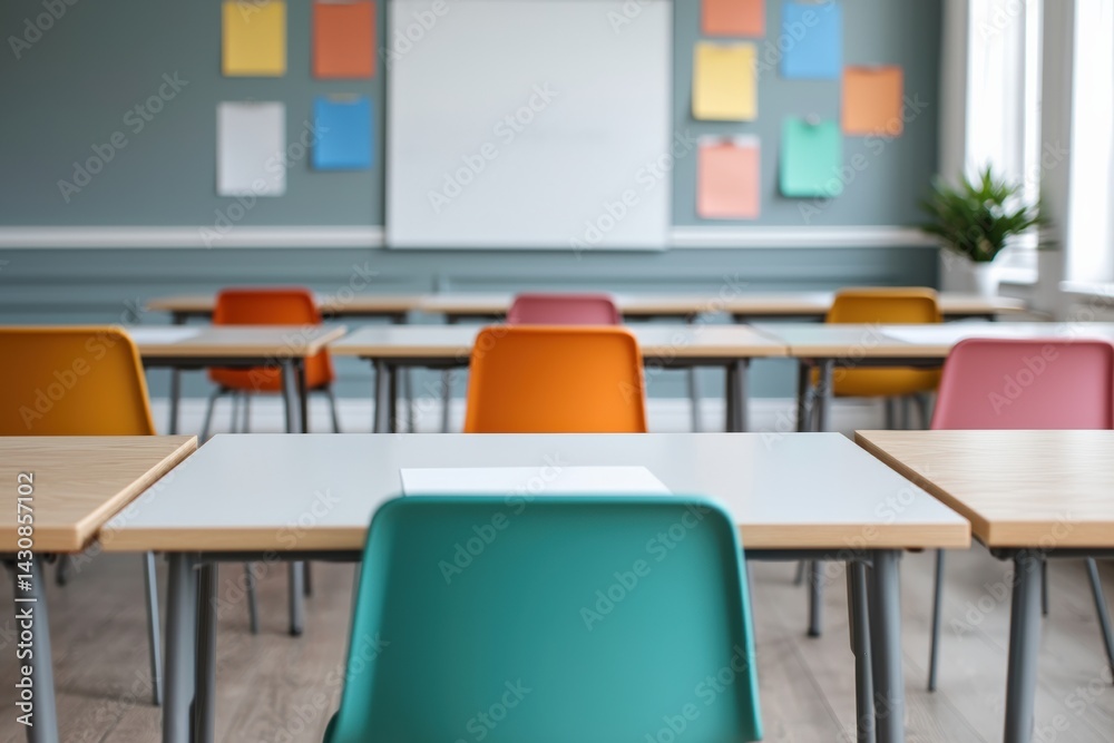 Poster modern classroom with colorful chairs and blurred whiteboard, ready for students and learning