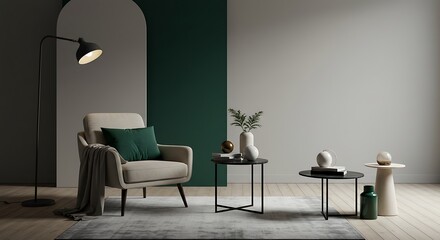 Modern Living Room Interior Design Elegant Armchair, Side Tables, and Green Accent Wall