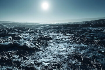 A desolate, icy alien landscape bathed in a bright sun.