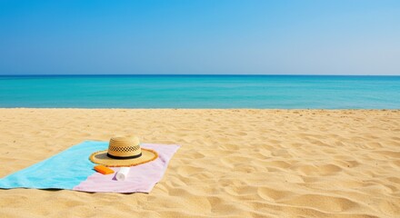 Obraz premium Summer Beach Vacation: Relaxing Scene with Straw Hat, Towel, and Sunscreen on Sandy Shore