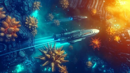 A futuristic submarine racing through a glowing underwater canyon filled with alien marine life, maneuvering tightly to avoid obstacles,