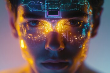 A close-up of a person's face with a futuristic digital overlay, showcasing technological integration with the human form.