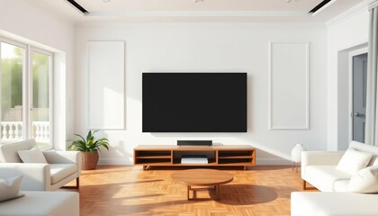 Clean white living room wall with TV above parquet flooring, floor, wooden floor