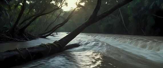 Rushing floodwater surging through jungle river channel uprooted trees partially submerged in fast current