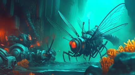 A giant, mechanical, dragonfly-like robot darting through a glowing undersea cavern, its metallic wings creating ripples in the phosphorescent waters