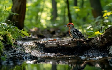 Red-bellied woodpecker perched on a log near water, surrounded by lush green forest