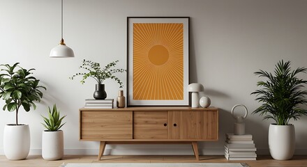 Mid-Century Modern Home Decor Sunburst Geometric Art Print in Warm Orange Hues