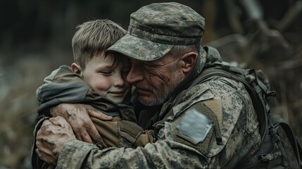 A smiling military parent kneels down in a home setting,