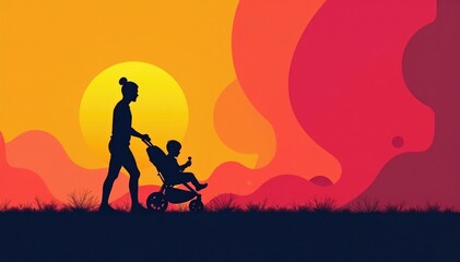Fototapeta premium Modern minimalist stroller silhouettes, geometric shapes, child, room