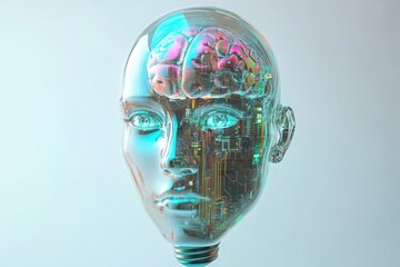 A transparent head reveals a human brain integrated with circuitry, symbolizing AI and human consciousness.