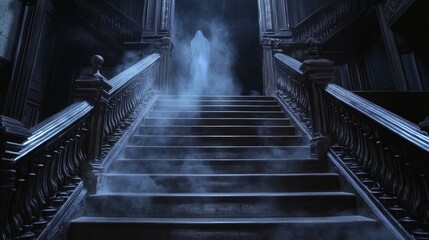 Fototapeta premium Dark, ornate stairway shrouded in misty vapor.