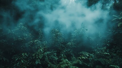 Obraz premium Dark Teal Forest shrouded in Thick Fog