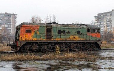 Obraz premium Abandoned, weathered diesel locomotive on tracks near old apartment buildings
