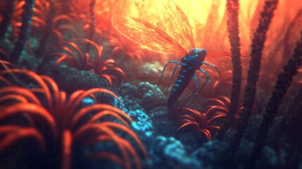 A glowing mist spreading across an alien landscape, where plant-like creatures with pulsating colors react to the movement 