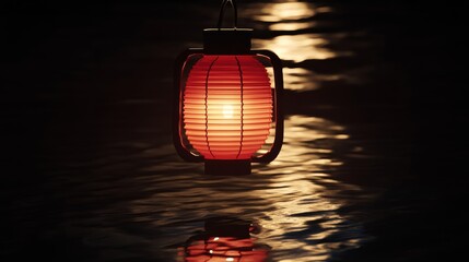 A glowing red lantern floating above a calm pond, casting rippling reflections on the water's surface as soft winds move through,