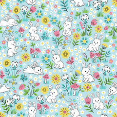 Fynny bunny among flowers. Vector seamless millefleur meadow pattern