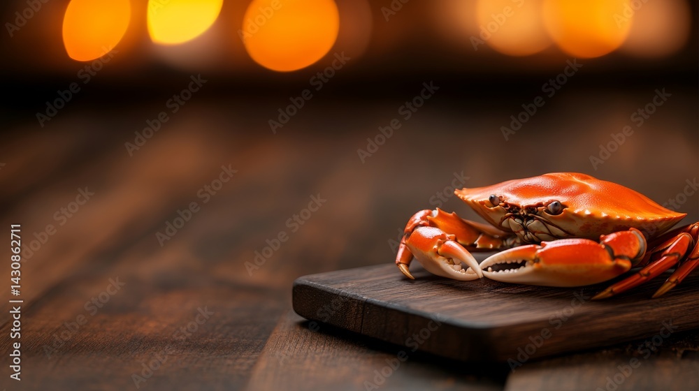 Poster boiled blue swimming crab part rests on a dark wooden cutting board, illuminated by soft natural lig