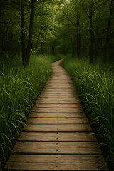 Obraz premium Wooden Pathway Through Lush Green Forest, Peaceful Nature Walk in Summer Landscape