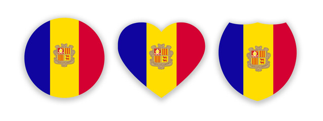 Andorra national flag in a shape of circle, heart and shield isolated on white. Illustration