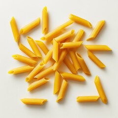 Penne pasta scattered on white background