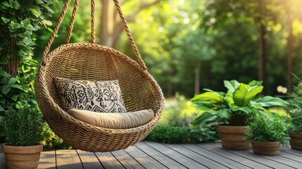 Outdoor hanging wicker swing chair in a garden setting. Soft lighting and greenery create a relaxing atmosphere
