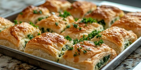 A tray of golden-brown spinach cheese puff pastries, garnished with fresh parsley, placed on a marble countertop