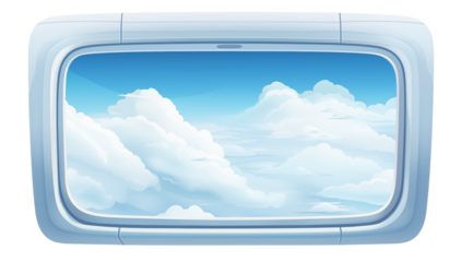Airplane window view showing a bright blue sky and fluffy white clouds during daytime travel scenery png