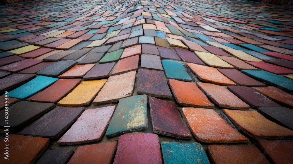 Poster A close-up view showcases a vibrant arrangement of mosaic tiles in a gradient pattern on a wood panel, ideal for dynamic visual projects and design purposes