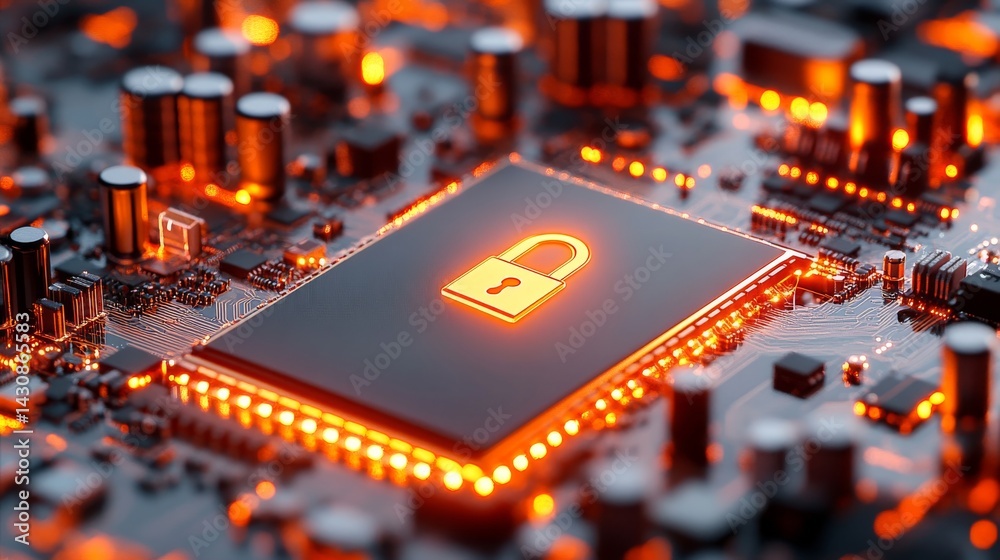 Poster A detailed close-up showcases a computer motherboard illuminated by a glowing padlock hologram, emphasizing the importance of cybersecurity and data protection