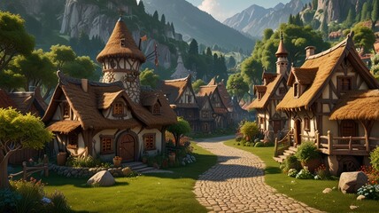 Obraz premium Charming village nestled in mountain valley, sunny day
