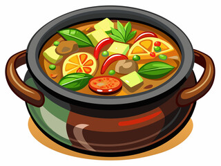 vector of Vegetable stew with mixed vegetables served in a black clay pot under a wooden base